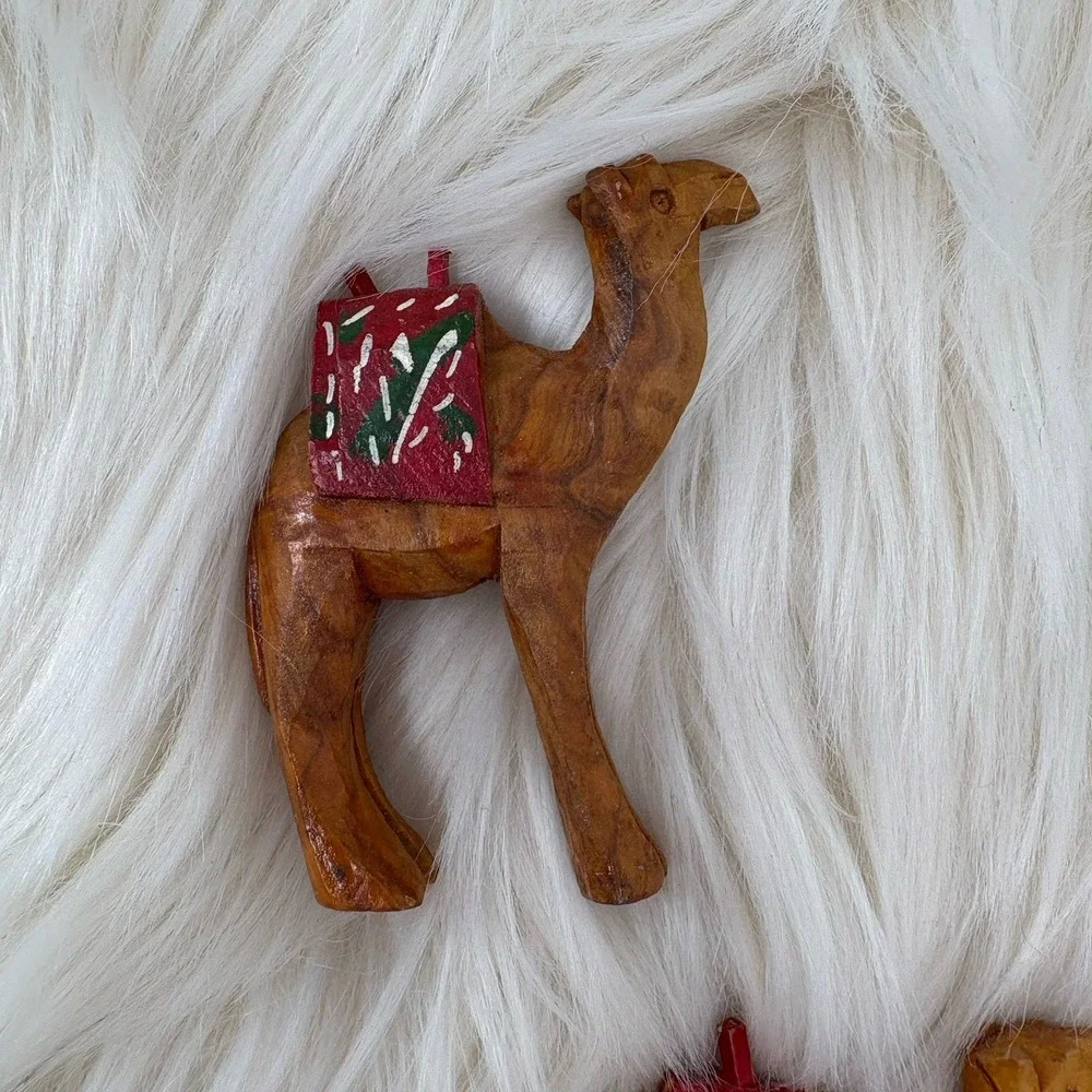 Vintage Donkey &‎ Camel Train Figurines Hand Carved Olive Wood Jerusalem caravan